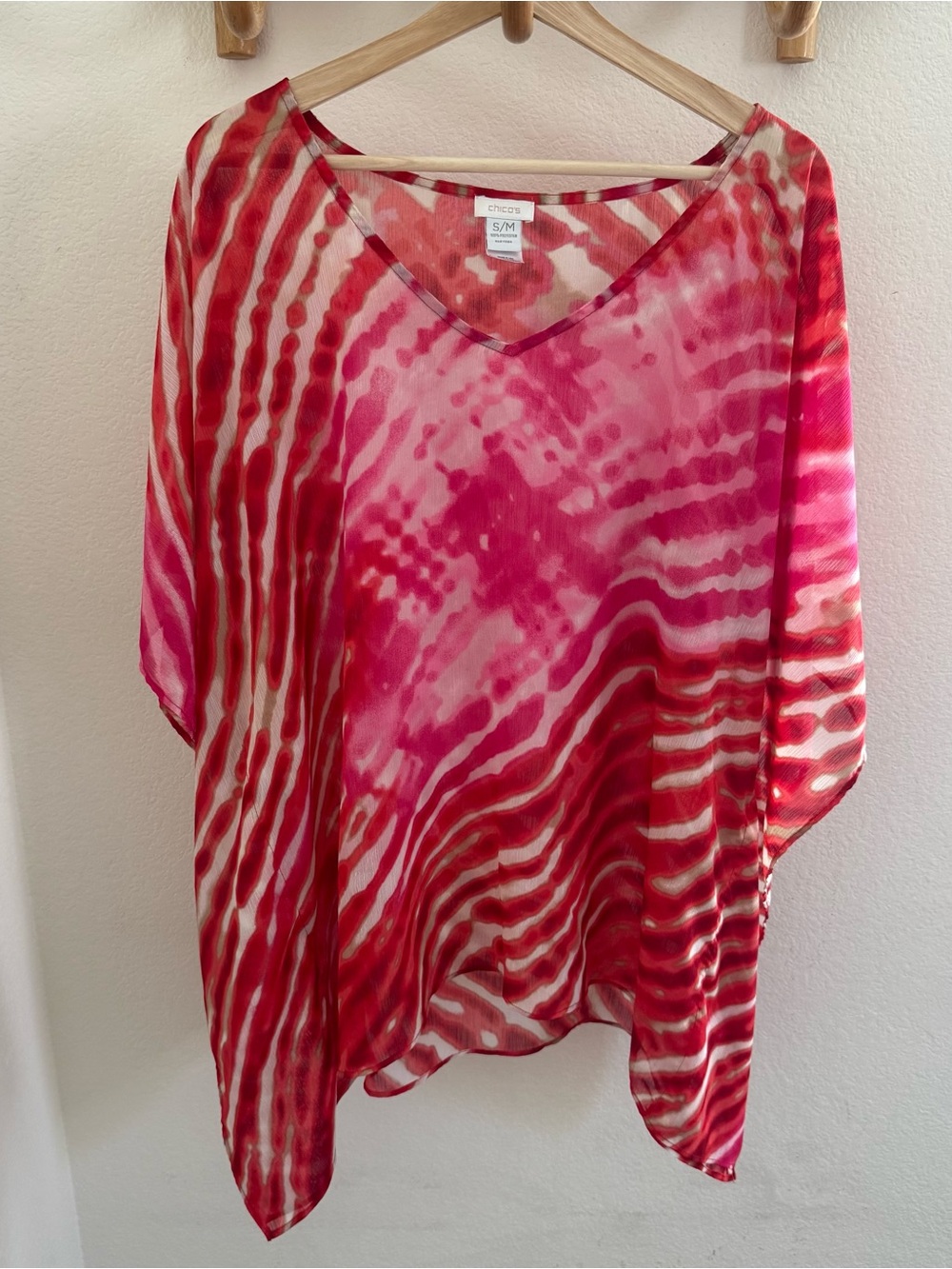 Chico’s boho Resort vacation Pink Printed Chiffon kaftan Poncho Coverup S/M